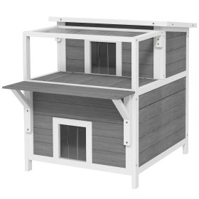 Weatherproof Outdoor Cat Shelter, Two Story Cat House with Balcony, Openable Top, Escape Door, Removable Panel & Floor