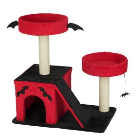 26" Gothic Cat Tree, Cat Tower with Spacious Cat Condo, 2 Padded Perches, Spider Toy, Scratching Posts, Scratching Ladder for Large Cats, Red & B