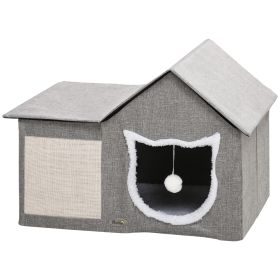 Large Cat Bed for Indoor, Cat House Hideaway with Soft Cushion, Scratching Pad, Dangling Ball, Dual Entrances, Grey Large Cat Bed for Indoor, Cat House Hideaway with Soft Cushion, Scratching Pad, Dangling Ball, Dual Entrances, Grey