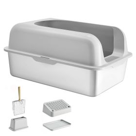 Cat Litter Box, 6 inches Deep, XL Extra Large Stainless Steel Cat Litter Box with Scoop, Wide Filtering Foot Board & High Sides (Color: Light Gray)